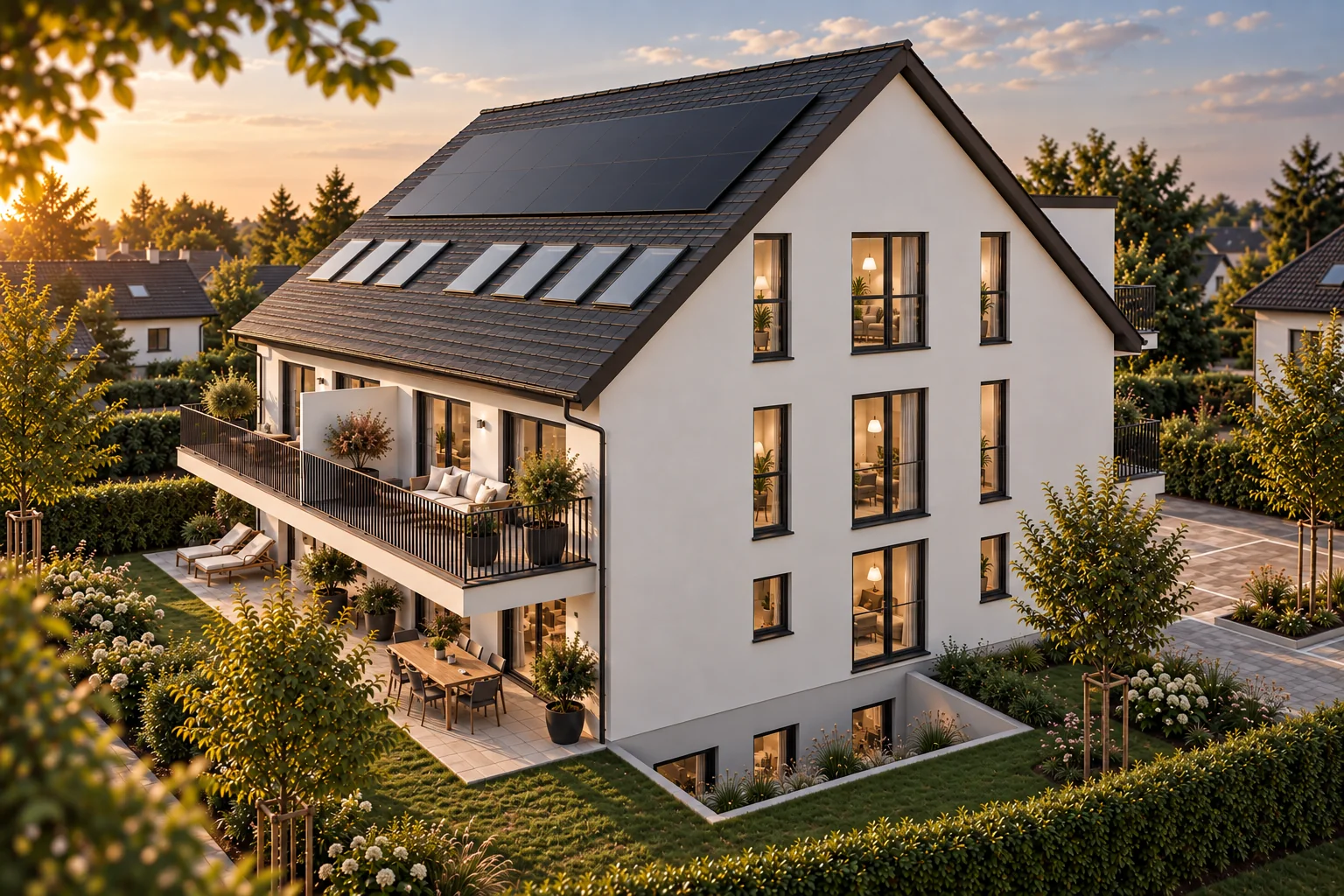 Außenvisualisierung VIA 10 im Abendlicht, Garten- und Seitenansicht mit Terrasse und Balkon
